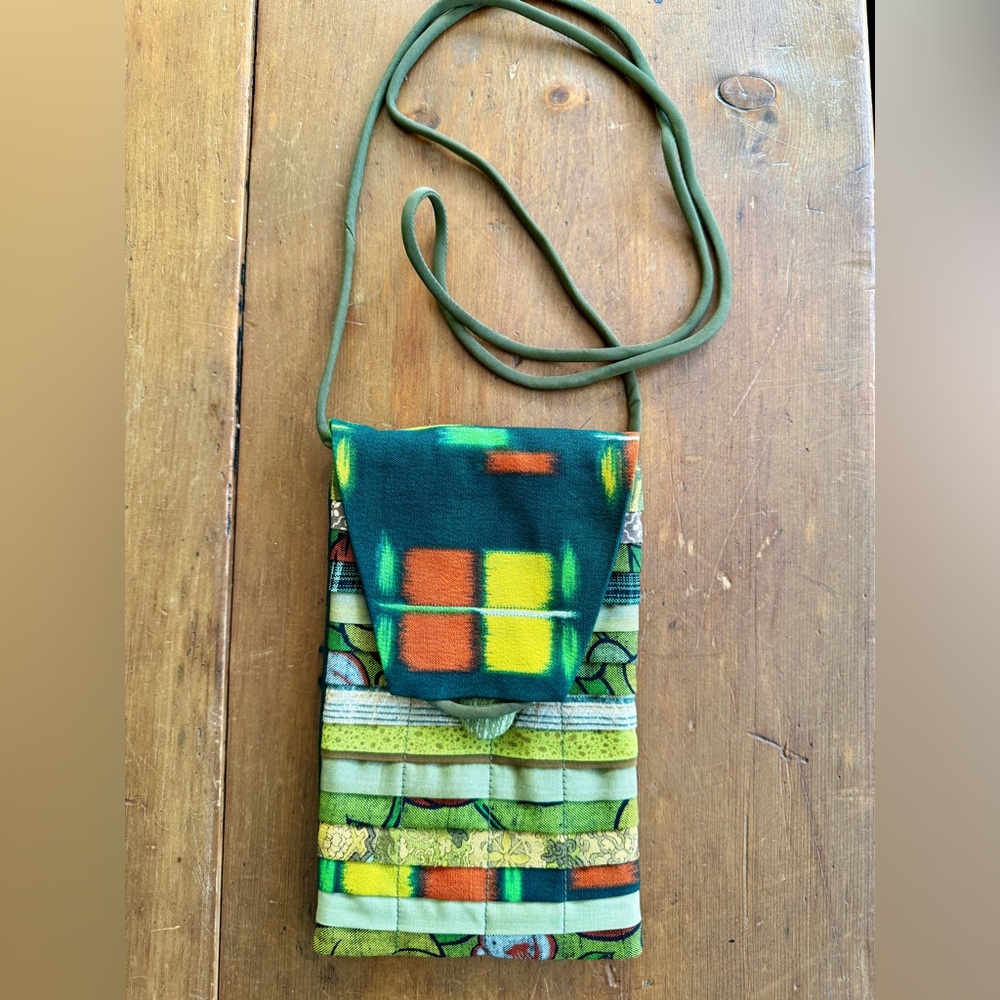 Quilted Silk Alex Santa Barbara Crossbody Purse 8 x 5” Multi Green and Yellow